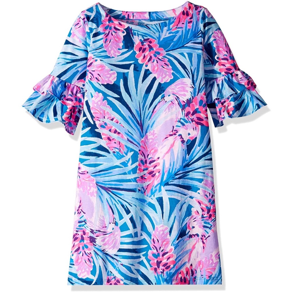 Lilly Pulitzer Mini Lula Mr. Peacock Blue Pink Palm Leaf Print Girl’s Dress XL
